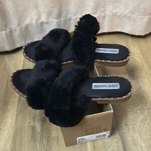 Steve‎ Madden Womens Enite Faux Fur Slip On Slide Sandals 8.5 casual black